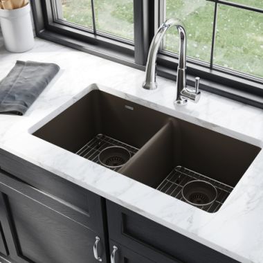 Click here to see Elkay ELGU3322MC0FC Elkay Quartz Classic Mocha Equal Double-Bowl Undermount Sink Kit with Faucet, 33