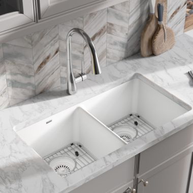 Click here to see Elkay ELGU3322WH0C Elkay Quartz Classic White Equal Double-Bowl Undermount Sink Kit, 33