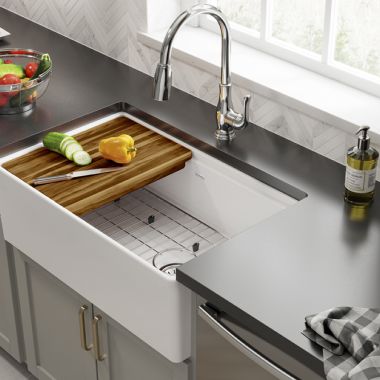 Click here to see Elkay SWUF13020CBWH Elkay Fireclay Single Bowl Farmhouse Workstation Sink Kit - White, SWUF13020CBWH