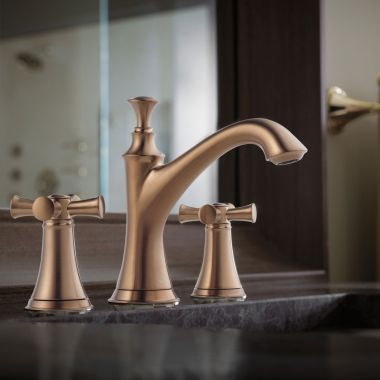 Click here to see Brizo 65305LF-BZLHP Brizo Baliza Two-Handle Widespread Deck-Mount Brilliance Brushed Bronze Bathroom Faucet with Metal Pop-Up, 1.5 GPM, Three-Hole, Less Handles - 65305LF-BZLHP