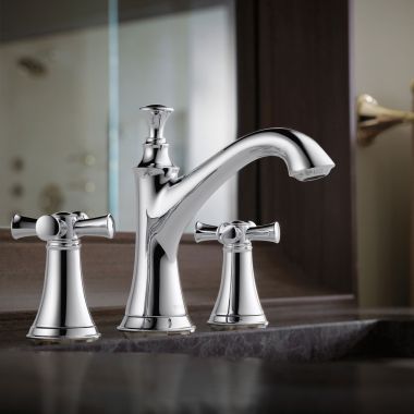 Click here to see Brizo 65305LF-PCLHP Brizo Baliza Two-Handle Widespread Deck-Mount Polished Chrome Bathroom Faucet with Metal Pop-Up, 1.5 GPM, Three-Hole, Less Handles - 65305LF-PCLHP