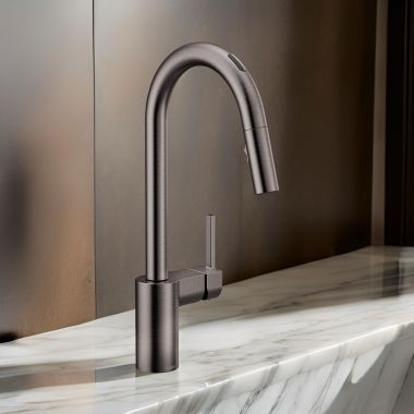 Click here to see Moen 7565EVBLS Moen Align Smart Single Handle High-Arc Pull-Down Kitchen Faucet, Black Stainless - 7565EVBLS