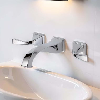 Click here to see BRIZO 65830LF-PC Brizo Virage Two-Handle Wall-Mount Bathroom Faucet With Metal Grid Strainer And Overflow, 1.5 GPM, Polished Chrome - 65830LF-PC