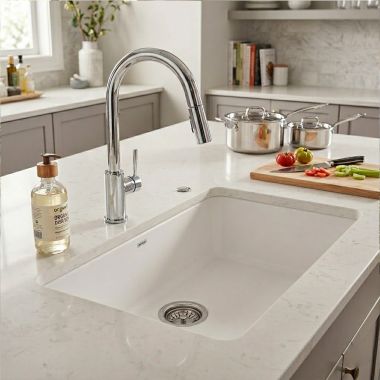 Click here to see  442542 Blanco Liven 25” Single Bowl Undermount Kitchen Sink, Rear Center Drain, White - 442542