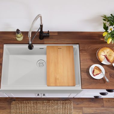 Click here to see Elkay ELXUFP362010RT0 Elkay Quartz Luxe Ricotta 36in x 22in x 9in Single Bowl Apron Farmhouse Workstation Kitchen Sink Kit with Cutting Board, Drain  - ELXUFP362010RT0  