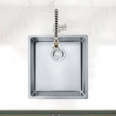 Click here to see Franke CUX11015 Franke Cube 16in x 17in Stainless Steel Single-Bowl Undermount Kitchen Sink with Sound Dampening, Less Faucet Hole - CUX11015