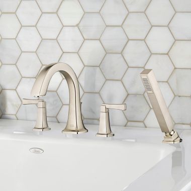 Click here to see American Standard T353901.295 American Standard Townsend Two-Handle Brushed Nickel Roman Tub Faucet Trim with Hand Shower, Diverter, Metal Lever Handles, Brass - T353901.295