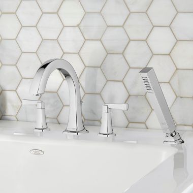 Click here to see American Standard T353901.002 American Standard Townsend Two-Handle Polished Chrome Roman Tub Faucet Trim with Hand Shower, Diverter, Metal Lever Handles, Brass - T353901.002