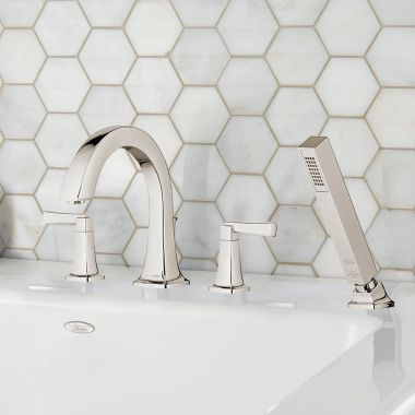 Click here to see American Standard T353901.013 American Standard Townsend Two-Handle Polished Nickel Roman Tub Faucet Trim with Hand Shower, Diverter, Metal Lever Handles, Brass - T353901.013