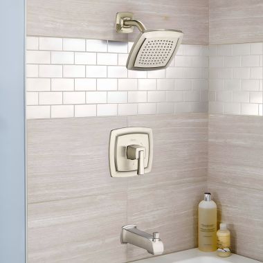 Click here to see American Standard TU353502.295 American Standard Townsend Brushed Nickel Tub and Shower Trim Kit with Rain Showerhead, 2.5 GPM, Double Ceramic Pressure Balance Cartridge, Single Lever Handle - TU353502.295
