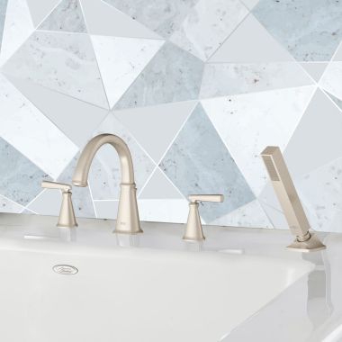 Click here to see American Standard T018901.295 American Standard Edgemere Two-Handle Brushed Nickel Roman Tub Faucet Trim with Hand Shower, Metal Lever Handles - T018901.295