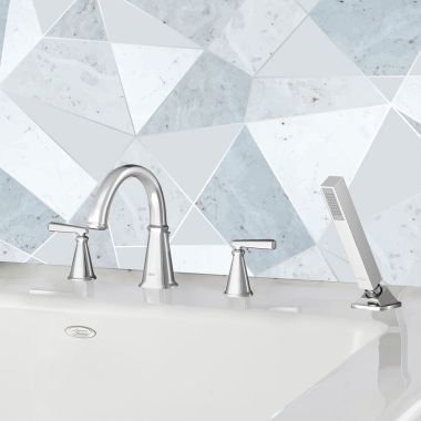 Click here to see American Standard T018901.002 American Standard Edgemere Two-Handle Polished Chrome Roman Tub Faucet Trim with Hand Shower, Metal Lever Handles - T018901.002