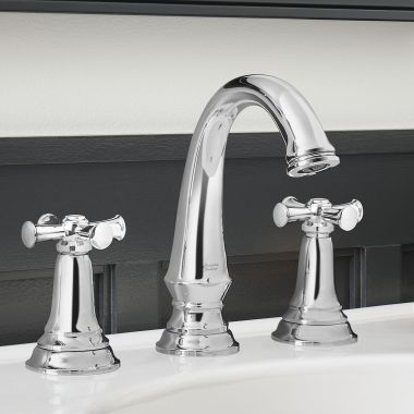 Click here to see American Standard 7052827.002 American Standard Delancey Two-Handle Widespread Polished Chrome Bathroom Faucet with Cross Handles and Pop-Up Drain Assembly, 1.2 GPM, WaterSense - 7052827.002