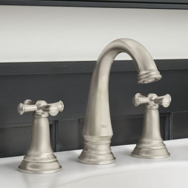 Click here to see American Standard 7052827.295 American Standard Delancey Widespread Two-Handle Brushed Nickel Bathroom Faucet with Cross Handles and Pop-Up Drain Assembly, 1.2 GPM, WaterSense - 7052827.295
