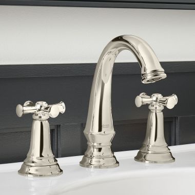 Click here to see American Standard 7052827.013 American Standard Delancey Two-Handle Widespread Polished Nickel Bathroom Faucet with Cross Handles and Pop-Up Drain Assembly, 1.2 GPM,  WaterSense - 7052827.013