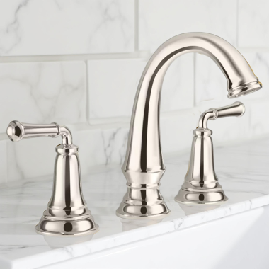 Click here to see American Standard 7052807.013 American Standard Delancey Two-Handle Widespread Bathroom Faucet w/ Pop-Up, Lever Handle, 1.2 GPM, Polished Nickel - 7052807.013