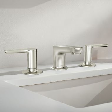 Click here to see American Standard 7105857.295 American Standard Studio S Two Handle Widespread Brushed Nickel Lavatory Faucet, Metal Lever Handles, 1.2 GPM, WaterSense - 7105857.295