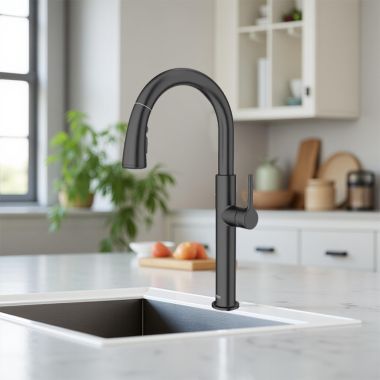 Click here to see American Standard 4803300.243 American Standard Studio S Single Handle Pull-Down Kitchen Faucet, Drip-Free, Dual Spray, 1.8 GPM, Matte Black - 4803300.243