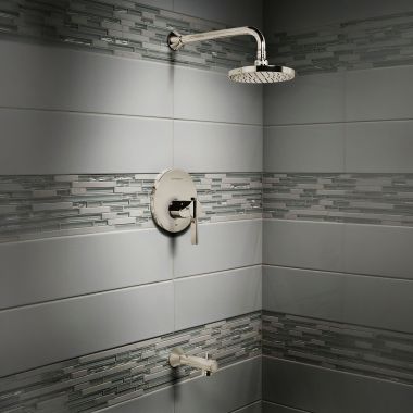 Click here to see American Standard TU430502.295 American Standard Berwick Pressure Balance Brushed Nickel Tub/Shower Trim with Rain Showerhead, 2.5 GPM - TU430502.295