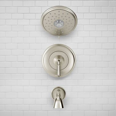 Click here to see American Standard TU052508.295 American Standard Delancey Tub and Shower Faucet Kit with 4-Function, Lever Handle, WaterSense, 1.8 GPM, Brushed Nickel - TU052508.295