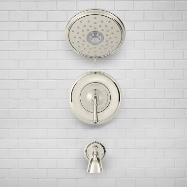 Click here to see AMERICAN STANDARD TU052508.013 American Standard Delancey Tub and Shower Faucet Kit with 4-Function, Lever Handle, WaterSense, 1.8 GPM, Polished Nickel - TU052508.013