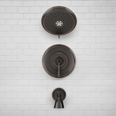 Click here to see American Standard TU052508.278 American Standard Delancey Tub and Shower Faucet Kit with 4-Function, Lever Handle, WaterSense, 1.8 GPM, Legacy Bronze - TU052508.278