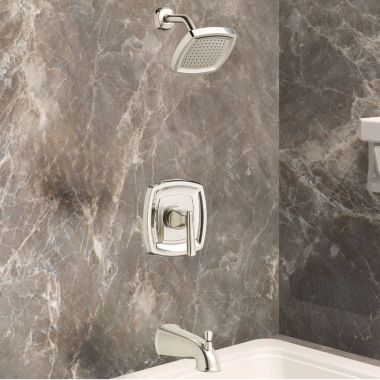 Click here to see American Standard TU018508.295 American Standard Edgemere Tub and Shower Trim Kit with Water-Saving Showerhead, Double Ceramic Pressure Balance Cartridge, Single Lever Handle, 1.8 GPM, Brushed Nickel - TU018508.295