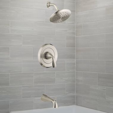 Click here to see American Standard TU186502.295 American Standard Fluent 2.5GPM Brushed Nickel Tub and Shower Trim Kit with Showerhead, Double Ceramic Pressure Balance Cartridge, Single Lever Handle - TU186502.295