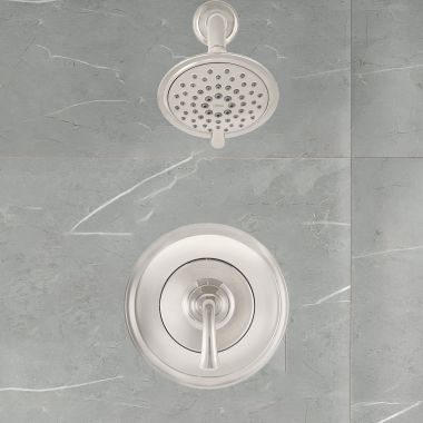 Click here to see American Standard TU106501.295 American Standard Patience Brushed Nickel Shower Faucet, Trim Only, 2.5 GPM 5in 3-Function Showerhead with Cartridge - TU106501.295