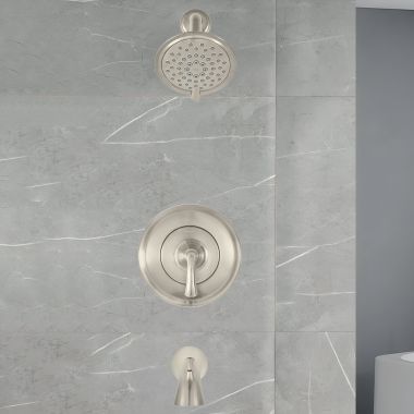 Click here to see American Standard TU106508.295 American Standard Patience Brushed Nickel Tub/Shower Trim Kit, 1.8 GPM, WaterSense - TU106508.295