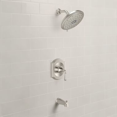 Click here to see American Standard TU415502.295 American Standard Portsmouth Brushed Ncikel Tub and Shower Trim Kit with Water-Saving Showerhead, Double Ceramic Pressure Balance Cartridge, Single Lever Handle, 1.8GPM - TU415502.295