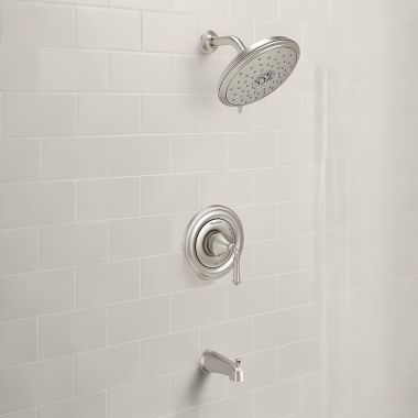 Click here to see American Standard TU420502.295 American Standard Portsmouth Brushed Nickel Tub and Shower Trim Kit with Water-Saving Showerhead, Double Ceramic Pressure Balance Cartridge, Single Lever Handle, 1.8GPM - TU420502.295
