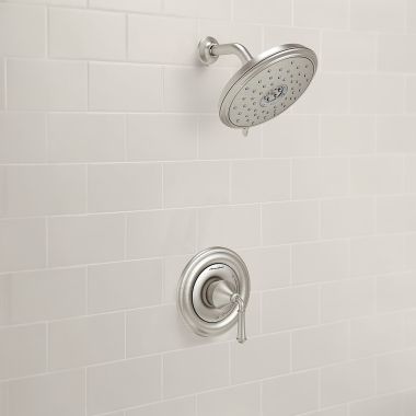 Click here to see American Standard TU420501.295 American Standard Portsmouth Brushed Nickel Shower Faucet, Trim Only, 1.8 GPM 7in 3-Function Showerhead with Cartridge - TU420501.295