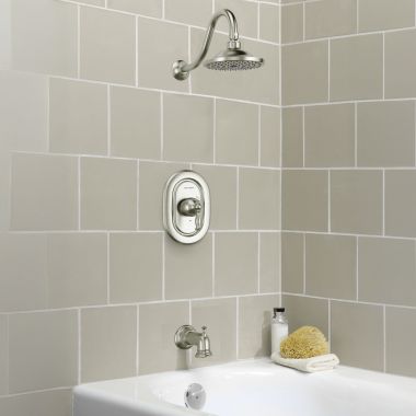 Click here to see American Standard TU440502.295 American Standard Quentin 2.5GPM Brushed Nickel Tub and Shower Trim Kit with Rain Showerhead, Double Ceramic Pressure Balance Cartridge, Single Lever Handle - TU440502.295