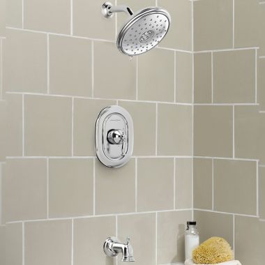 Click here to see American Standard TU440508.002 American Standard Quentin 1.8GPM Polished Chrome Tub and Shower Trim Kit with Water-Saving Showerhead, Double Ceramic Pressure Balance Cartridge, Single Lever Handle - TU440508.002