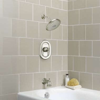Click here to see American Standard TU440508.295 American Standard Quentin Brushed Nickel Pressure Balance Tub and Shower Trim, 1.8 GPM, Multi Function Shower Head, Water-Saving Showerhead - TU440508.295