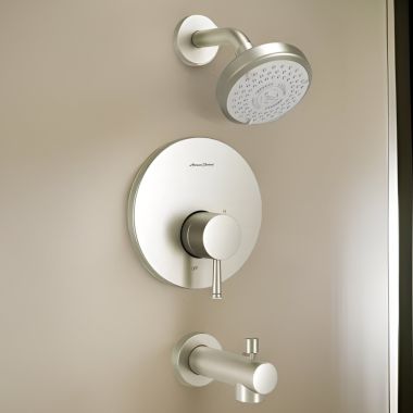 Click here to see American Standard TU064508.295 American Standard Serin 1.75GPM Brushed Nickel Tub and Shower Trim Kit with Three-Function Showerhead, Double Ceramic Pressure Balance Cartridge, Single Lever Handle - TU064508.295