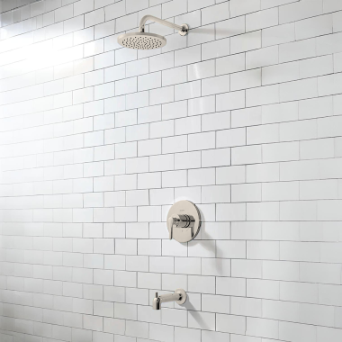 Click here to see American Standard TU105508.295 American Standard Studio S Tub and Shower Faucet with Rain Showerhead, Pressure Balance Cartridge, ADA, 1.75 GPM, Brushed Nickel - TU105508.295