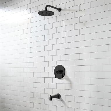 Click here to see American Standard TU105508.243 American Standard Studio S Tub and Shower Faucet with Rain Showerhead, Pressure Balance Cartridge, ADA, 1.75 GPM, Matte Black - TU105508.243