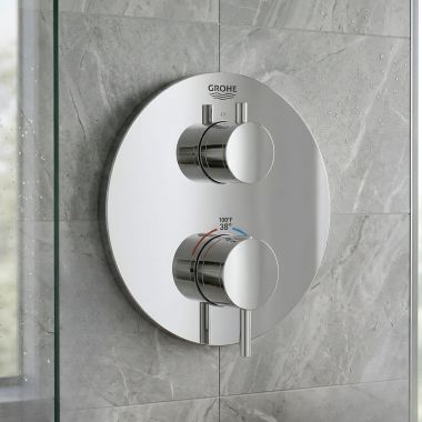 Click here to see Grohe 24150003 GROHE Atrio Single Function 2-Handle Thermostatic Trim, Metal Handles, StarLight Chrome - 24150003 