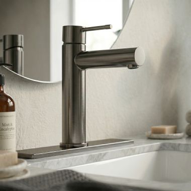 Click here to see Grohe 32216A0A GROHE Essence Single Hole Single-Handle S-Size Bathroom Faucet, Hard Graphite - 32216A0A