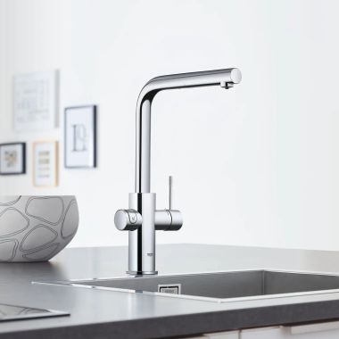 Click here to see  31608002 GROHE Blue Single-Handle L-Spout Pull-Out Kitchen Faucet, Chrome - 31608002
