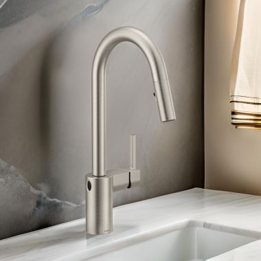 Click here to see Moen 7565EWSRS Moen Align Single Handle High-Arc Pull-Down Kitchen Faucet w/ MotionSense Wave, Spot Resist Stainless - 7565EWSRS