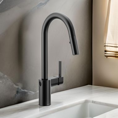 Click here to see Moen 7565EWBL Moen Align Single Handle High-Arc Pull-Down Kitchen Faucet w/ MotionSense Wave, Matte Black - 7565EWBL