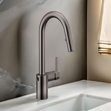 Click here to see Moen 7565EWBLS Moen Align Single Handle High-Arc Pull-Down Kitchen Faucet w/ MotionSense Wave, Black Stainless - 7565EWBLS