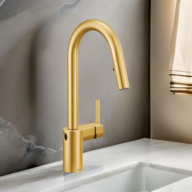 Click here to see Moen 7565EWBG Moen Align Single Handle High-Arc Pull-Down Kitchen Faucet w/ MotionSense Wave, Brushed Gold - 7565EWBG