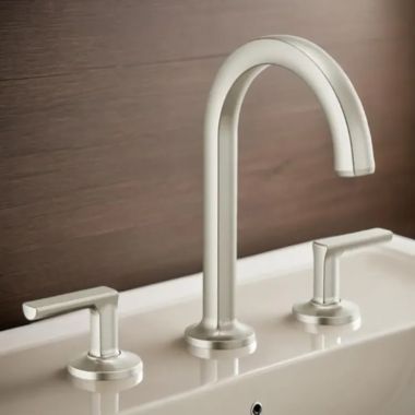 Click here to see Brizo 65306LF-NKLHP Brizo Kintsu Two-Handle Widespread Lavatory Faucet with Arc Spout, Less Handles, Deck Mount, 1.5 GPM, Brilliance Luxe Nickel - 65306LF-NKLHP