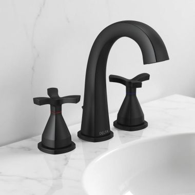 Click here to see Delta 357756-BLMPU-DST Delta Stryke Widespread Bathroom Faucet With Metal Pop-Up, Deck Mount, Two Handles, Diamond Seal, 1.2 GPM, Matte Black - 357756-BLMPU-DST