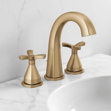 Click here to see Delta 357756-CZMPU-DST Delta Stryke Widespread Bathroom Faucet With Metal Pop-Up, Deck Mount, Two Handles, Diamond Seal, 1.2 GPM, Champagne Bronze - 357756-CZMPU-DST