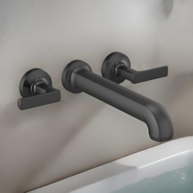 Click here to see Brizo T70406-BNXLHP Brizo Kintsu Two-Handle Wall-Mount Tub Faucet Trim, 3-Hole, 9.3 GPM, Solid Brass, Less Handles, Brilliance Black Onyx - T70406-BNXLHP